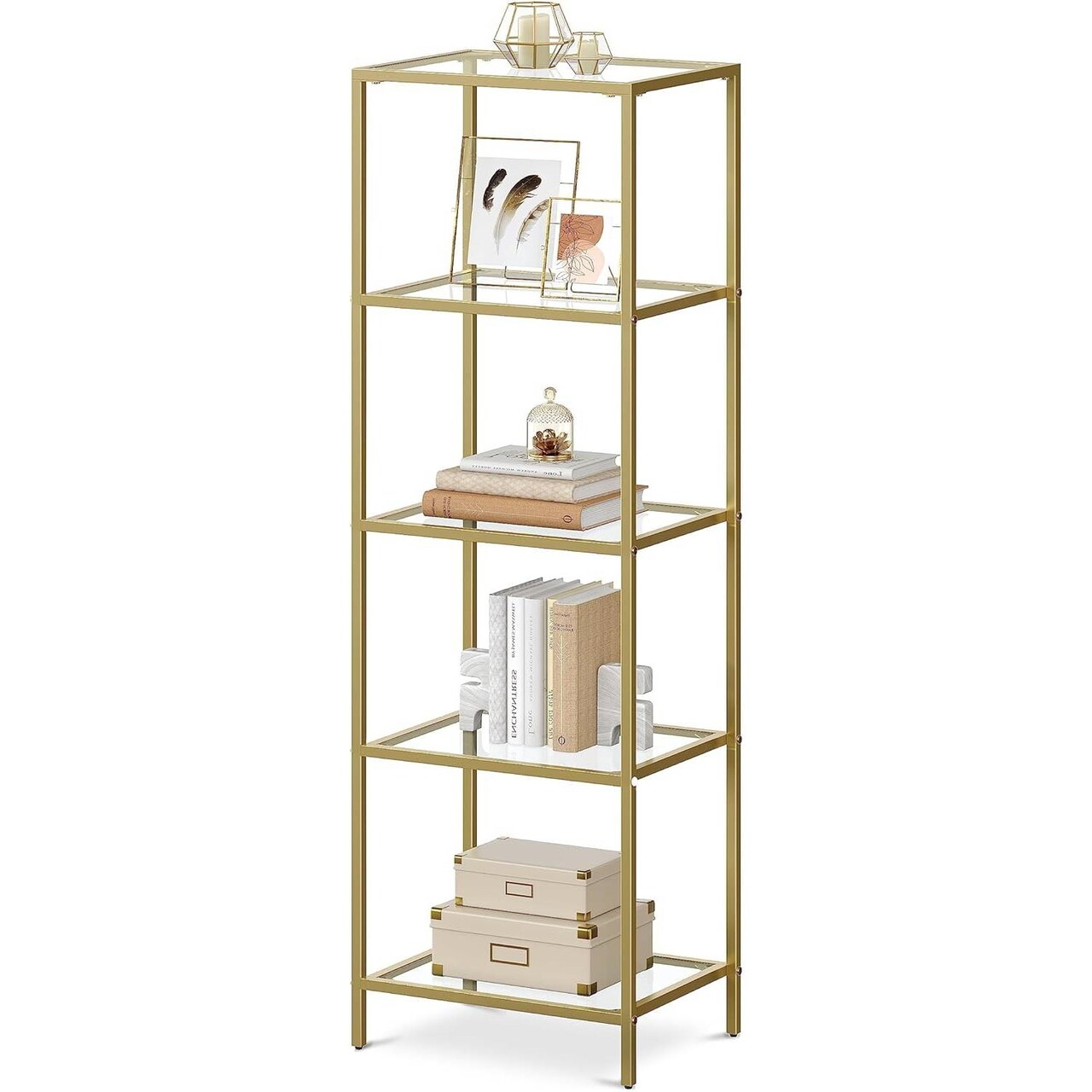 Narrow Glass Shelf Bookcase with Steel Frame for Bedroom Living Room Office Bathroom Storage